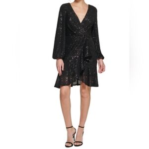 Stretch Sequined Zippered Gathered Ruffled Long Sleeve Surplice Neckline
